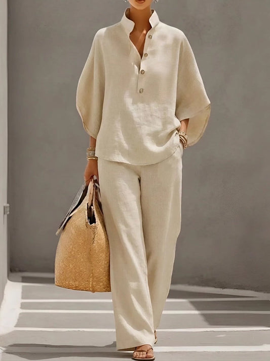 Women's Linen Wide-Leg High-Collar Button-Up 2-Piece Pant Set