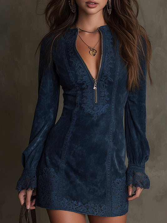 Women's Long-Sleeve A-Line Denim Mini Dress with Lace Trim
