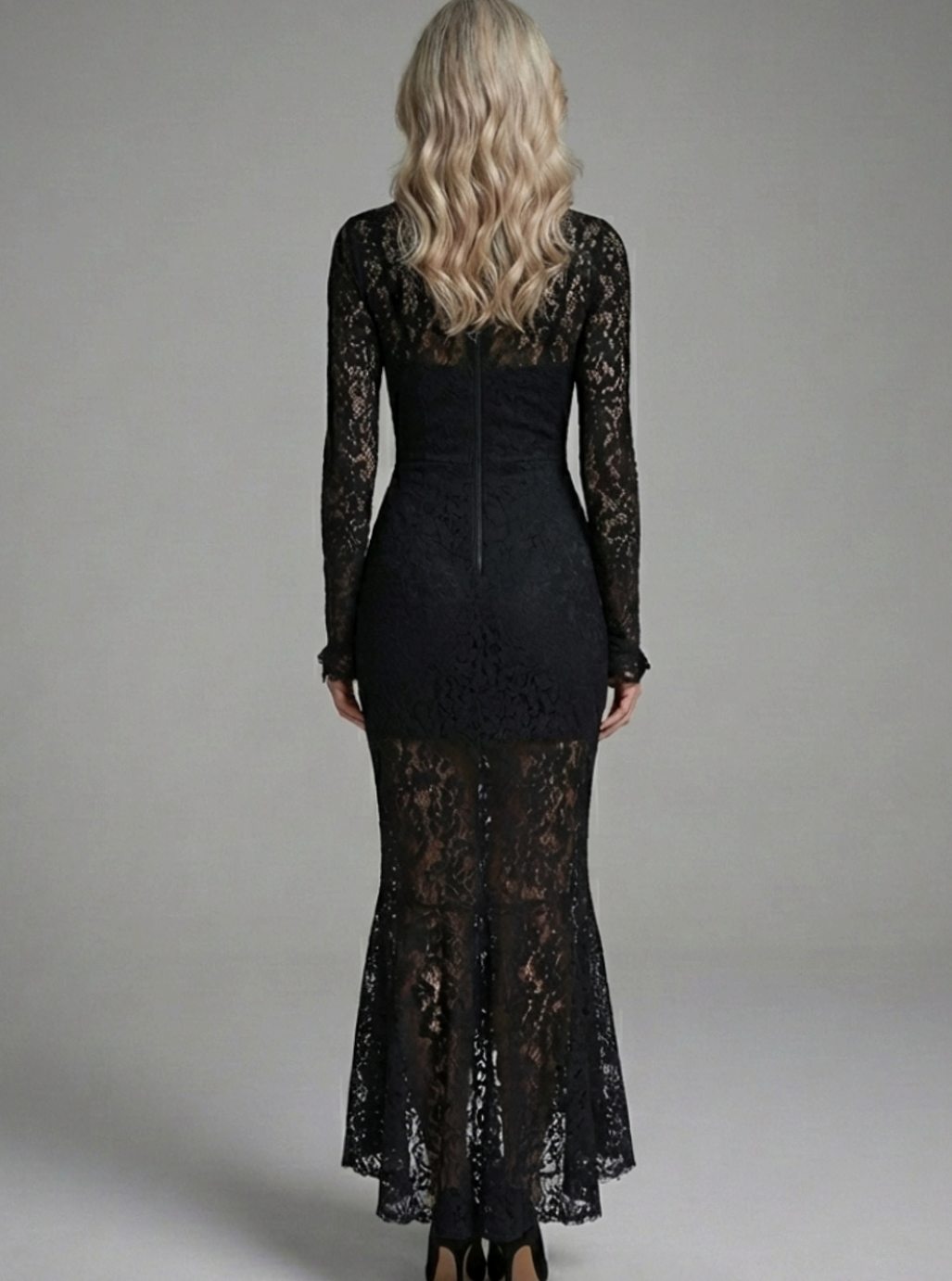 Women's Long-Sleeve High-Neck Lace Mermaid Midi Dress