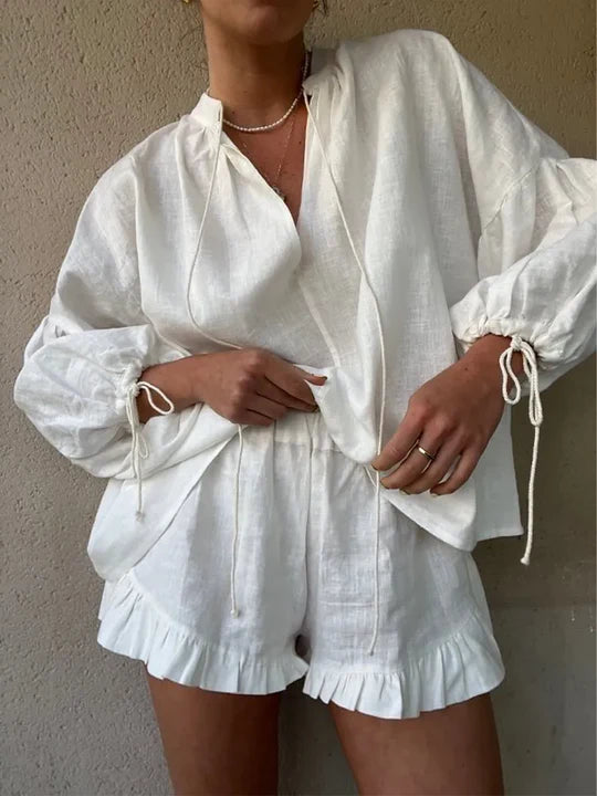 Women's Loungewear Set - Ruffled Trim & Airy Comfort