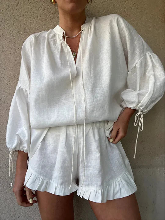 Women's Loungewear Set - Ruffled Trim & Airy Comfort