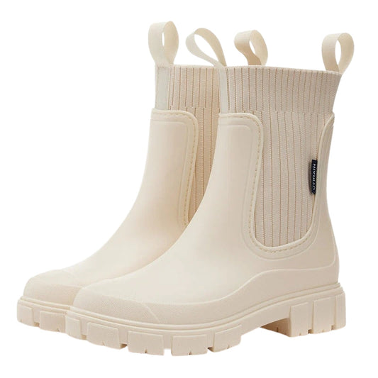 Women's Mid-Calf Chelsea Rain Boots – Slip-On Rain Boots with Chunky Lug Sole and Elastic Panels