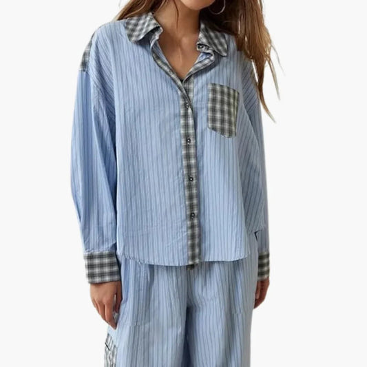 Women's Pajama Set with Button-Up Top and Elastic-Waist Pants