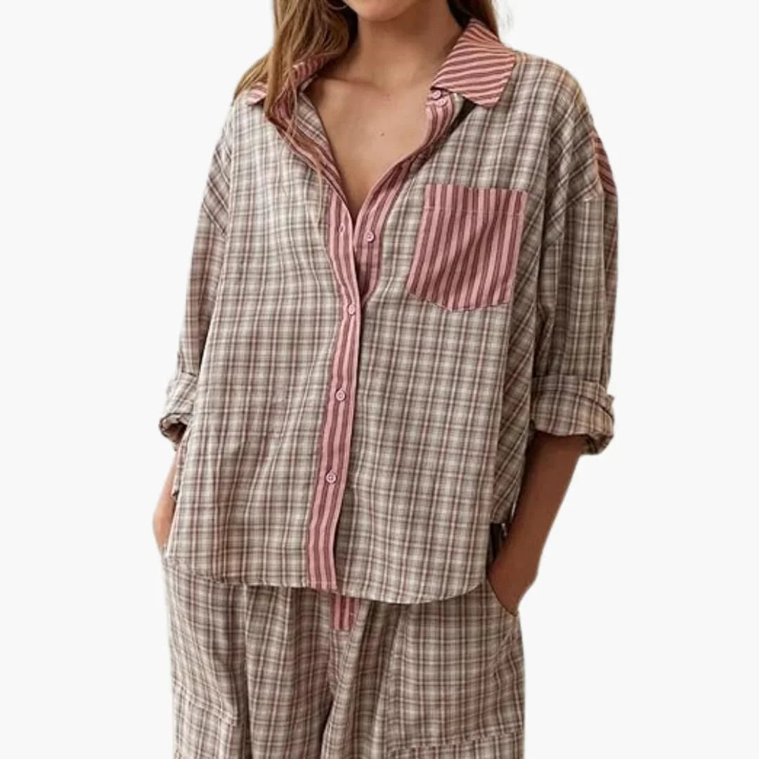 Women's Pajama Set with Button-Up Top and Elastic-Waist Pants