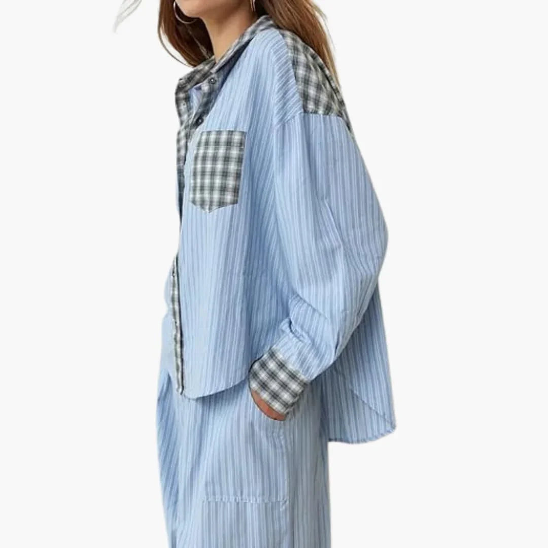 Women's Pajama Set with Button-Up Top and Elastic-Waist Pants