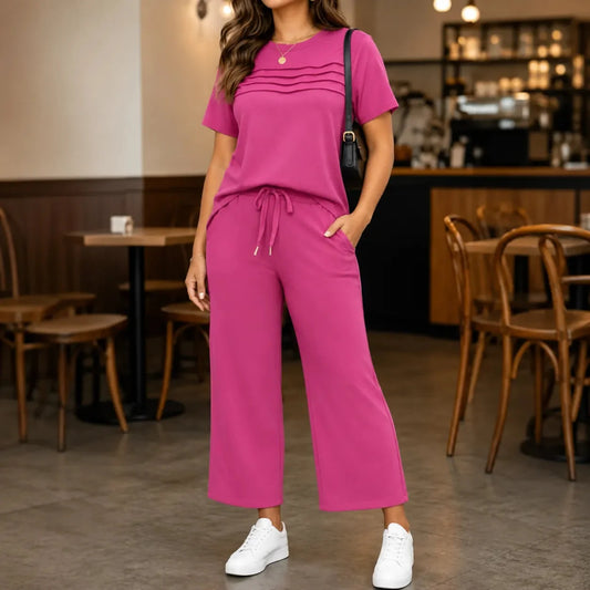 Women's Pintucked Lounge Set with Wide-Leg Pants and Pockets