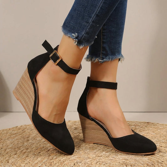Women's Pointed Toe Ankle Strap Wedge Shoes – Elegant Comfort and Refined Craftsmanship