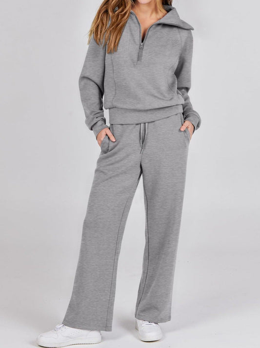 Women's Pullover Sweat Top and Wide-Leg Trousers Set