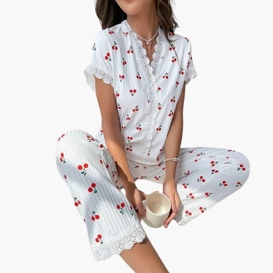 Women's Pyjama Set with Button Placket and Lace Trim