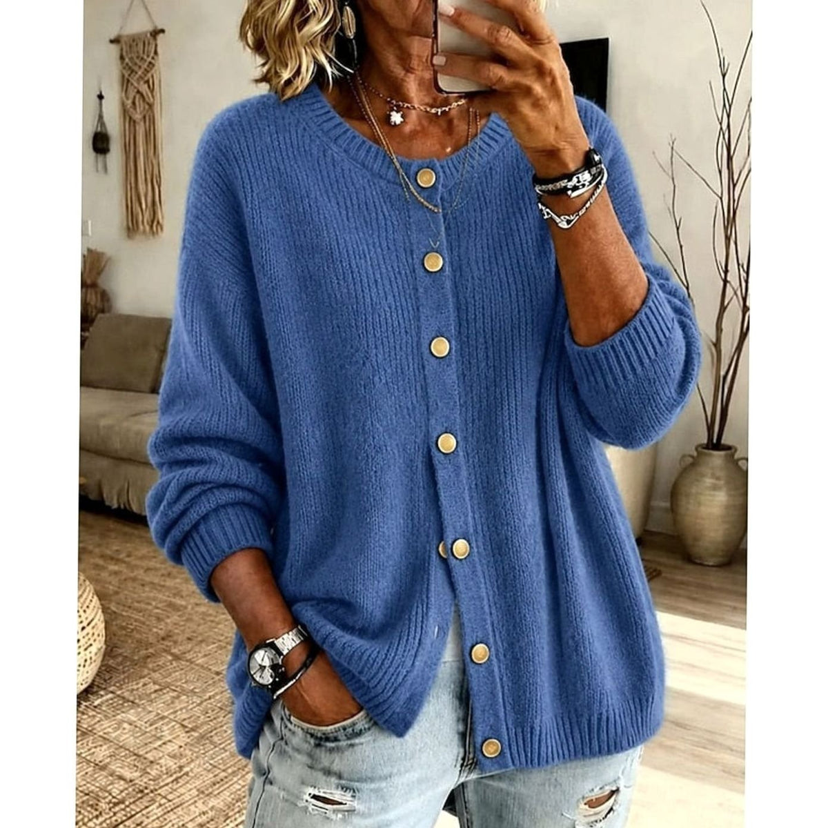 Women's Relaxed-Fit Button-Front Crew Neck Knit Cardigan