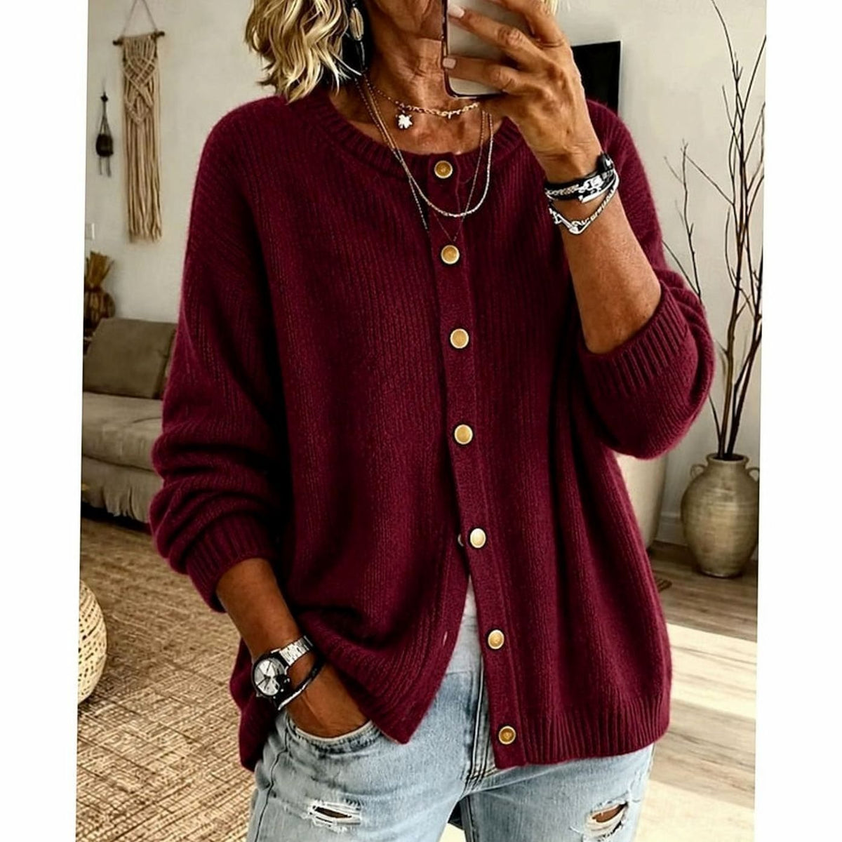 Women's Relaxed-Fit Button-Front Crew Neck Knit Cardigan
