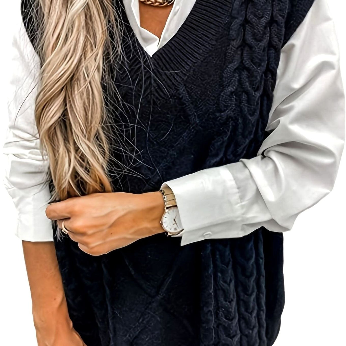 Women's Relaxed Fit Cable-Knit V-Neck Sweater Vest