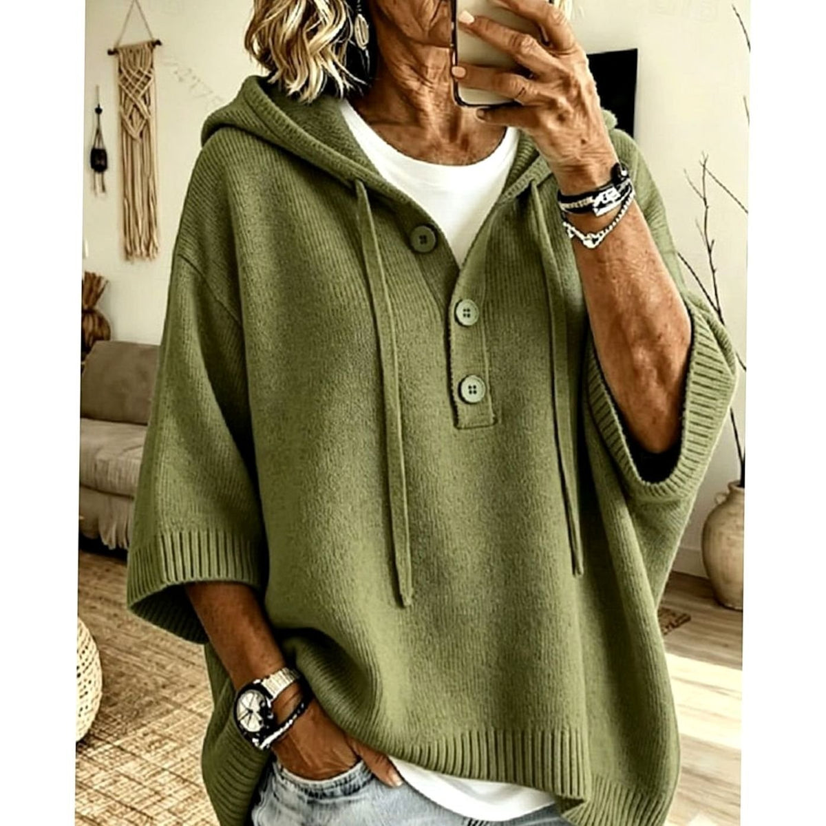 Women's Relaxed Half-Button Hooded Knit Sweater with 3/4 Sleeves