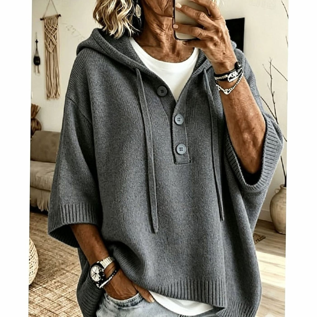 Women's Relaxed Half-Button Hooded Knit Sweater with 3/4 Sleeves
