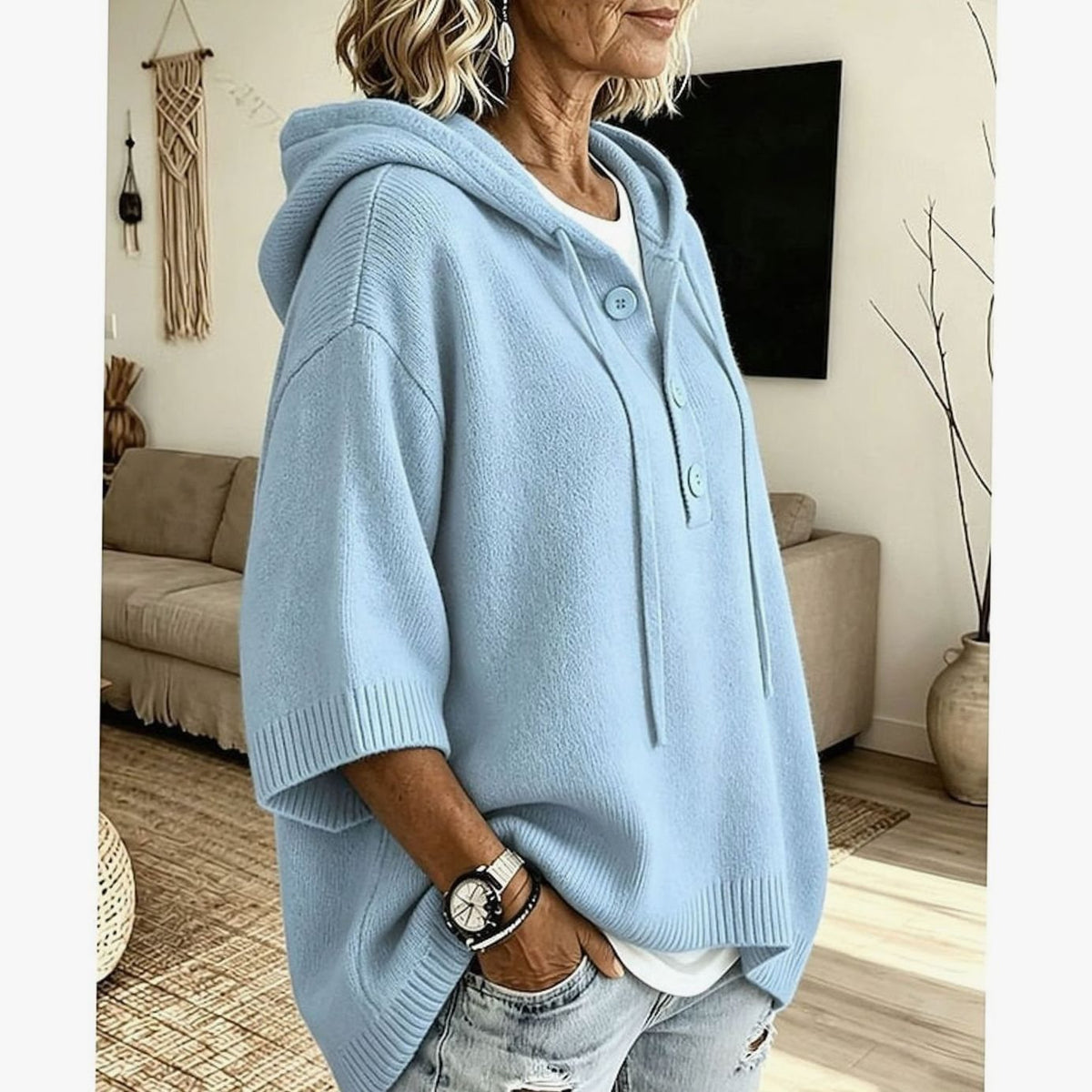 Women's Relaxed Half-Button Hooded Knit Sweater with 3/4 Sleeves