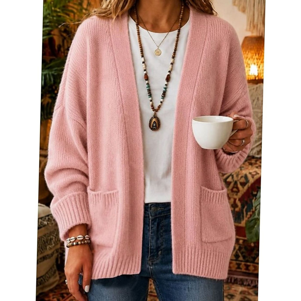 Women's Relaxed Open-Front Knit Cardigan Sweater with Pockets