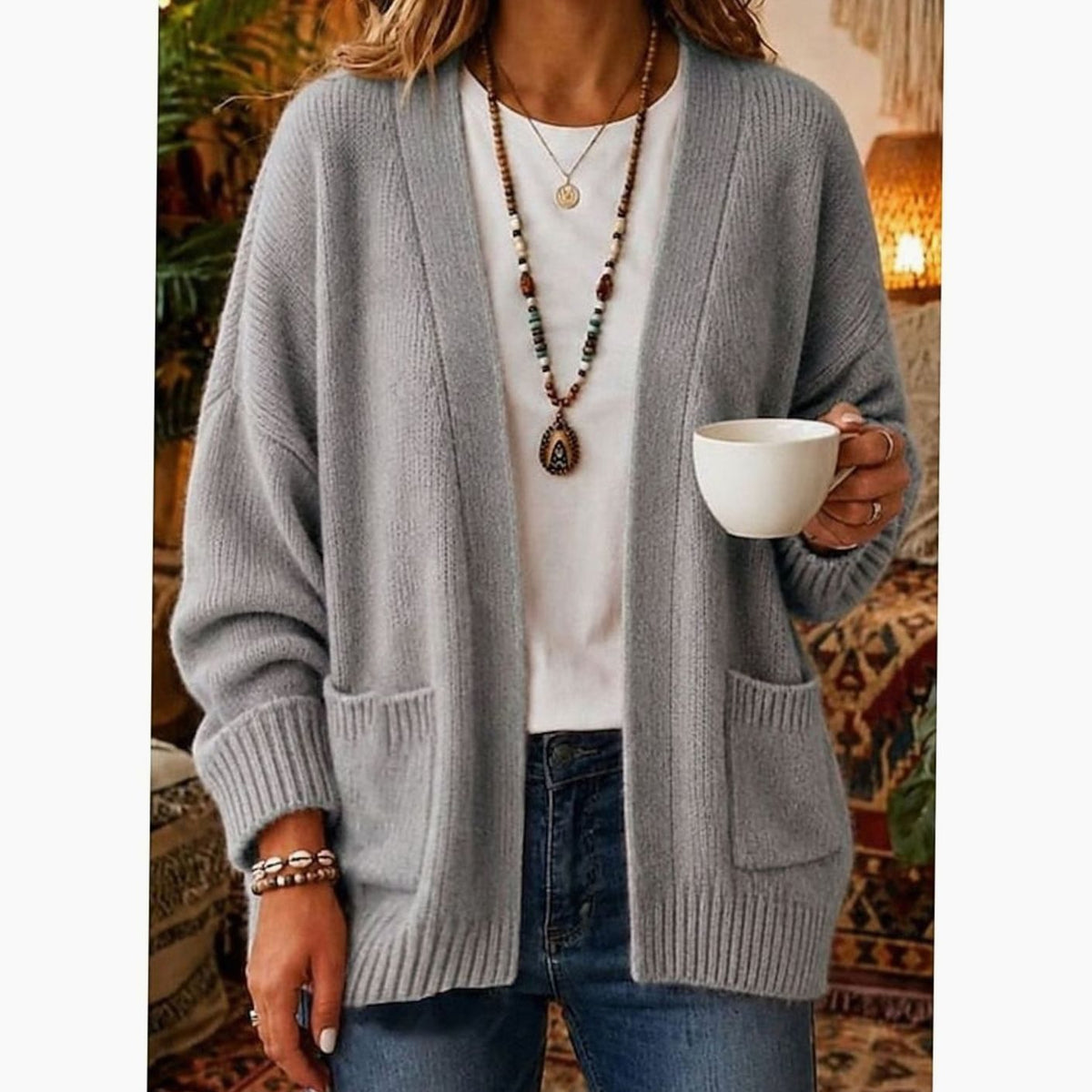 Women's Relaxed Open-Front Knit Cardigan Sweater with Pockets