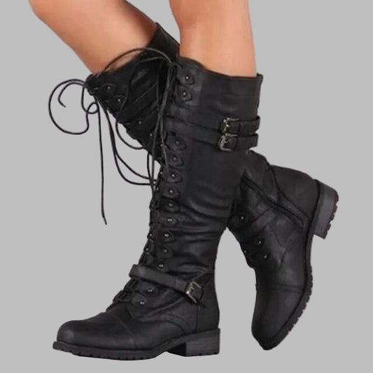 Women's Retro Buckle Lace-Up Boots