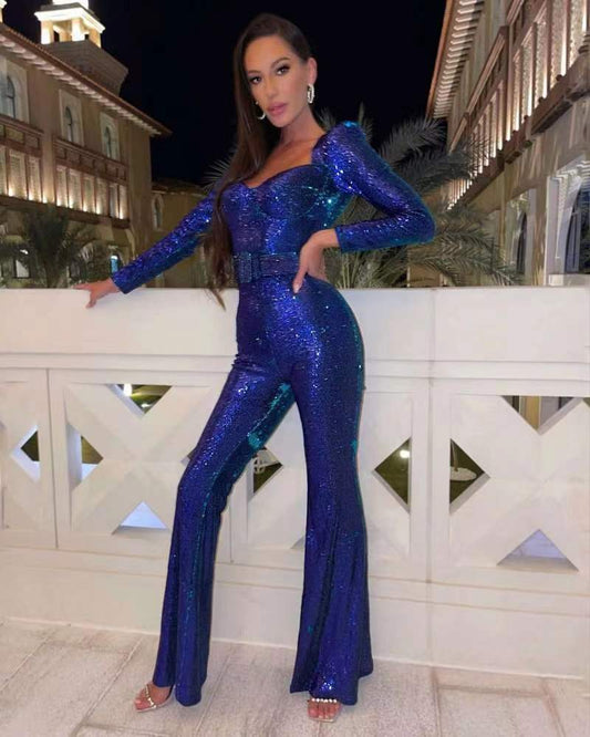 Women's Sequin Long Sleeve Flared Jumpsuit