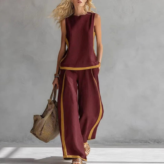 Women's Sleeveless Vest Top and Wide Leg Pants Two-Piece Summer Set