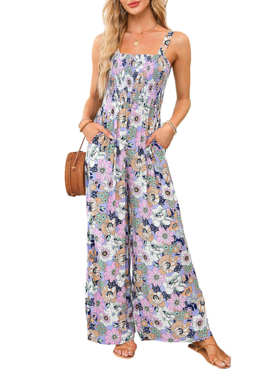 Women's Smocked Floral Wide-Leg Jumpsuit