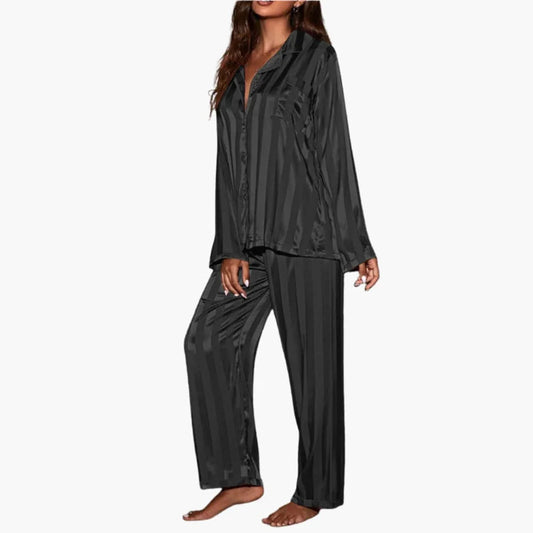 Women's Striped Satin Pyjama Set with Button-Up Top