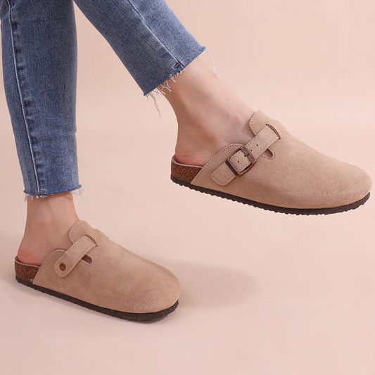 Women's Suede Mules with Adjustable Buckle