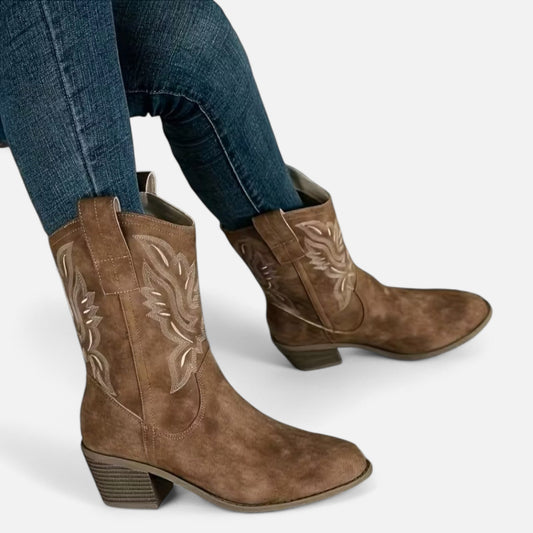 Women's Suede Western Cowboy Boots with Block Heel and Decorative Stitching
