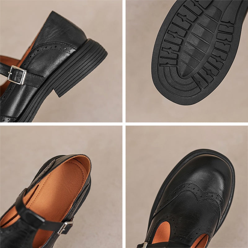 Women's T-Strap Shoes – Textured Look with Perforated Details