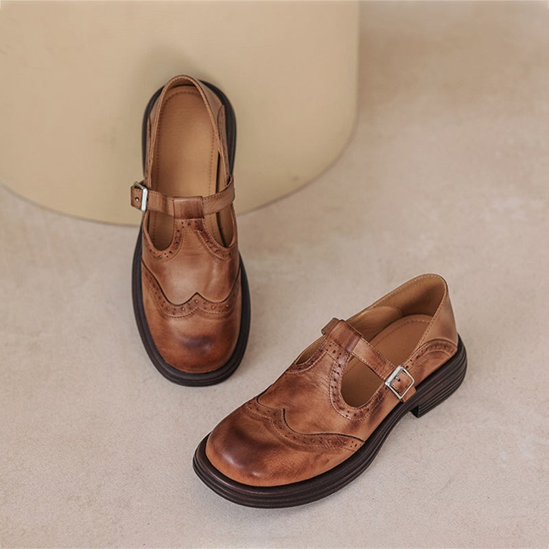 Women's T-Strap Shoes – Textured Look with Perforated Details
