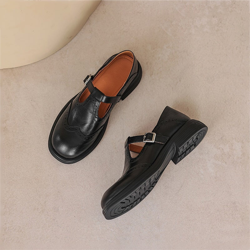 Women's T-Strap Shoes – Textured Look with Perforated Details