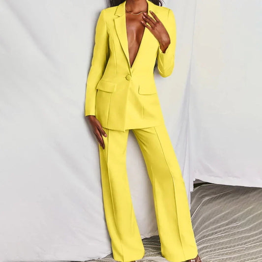 Women's Trouser Suit: Elegant Longline Blazer & Wide-Leg Trousers