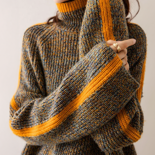 Women's Turtleneck Sweater with Striped Sleeves