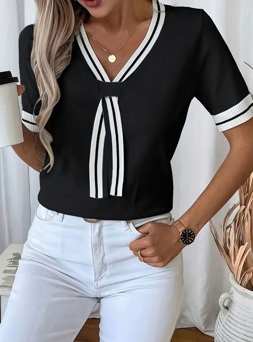 Women's V-Neck Contrast-Trim Tie-Front Short-Sleeve Sweater