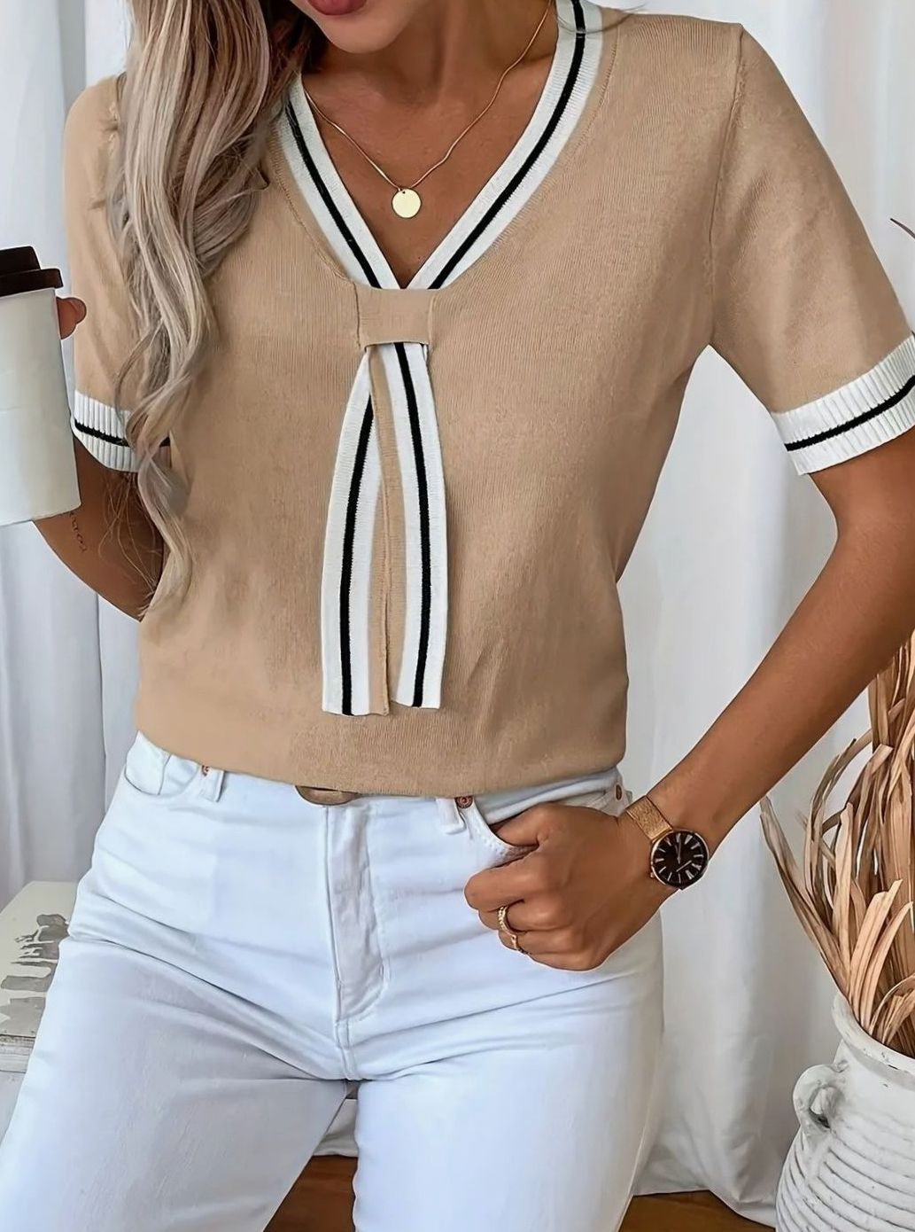 Women's V-Neck Contrast-Trim Tie-Front Short-Sleeve Sweater