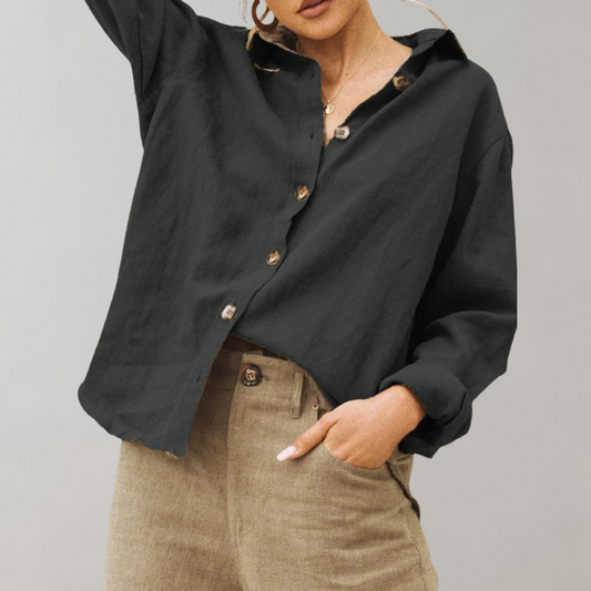 Women's Vintage Relaxed Fit Linen Blouse with Classic Collar