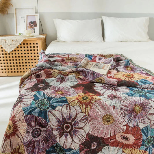 Woven Vintage Floral Throw Blanket with Fringe